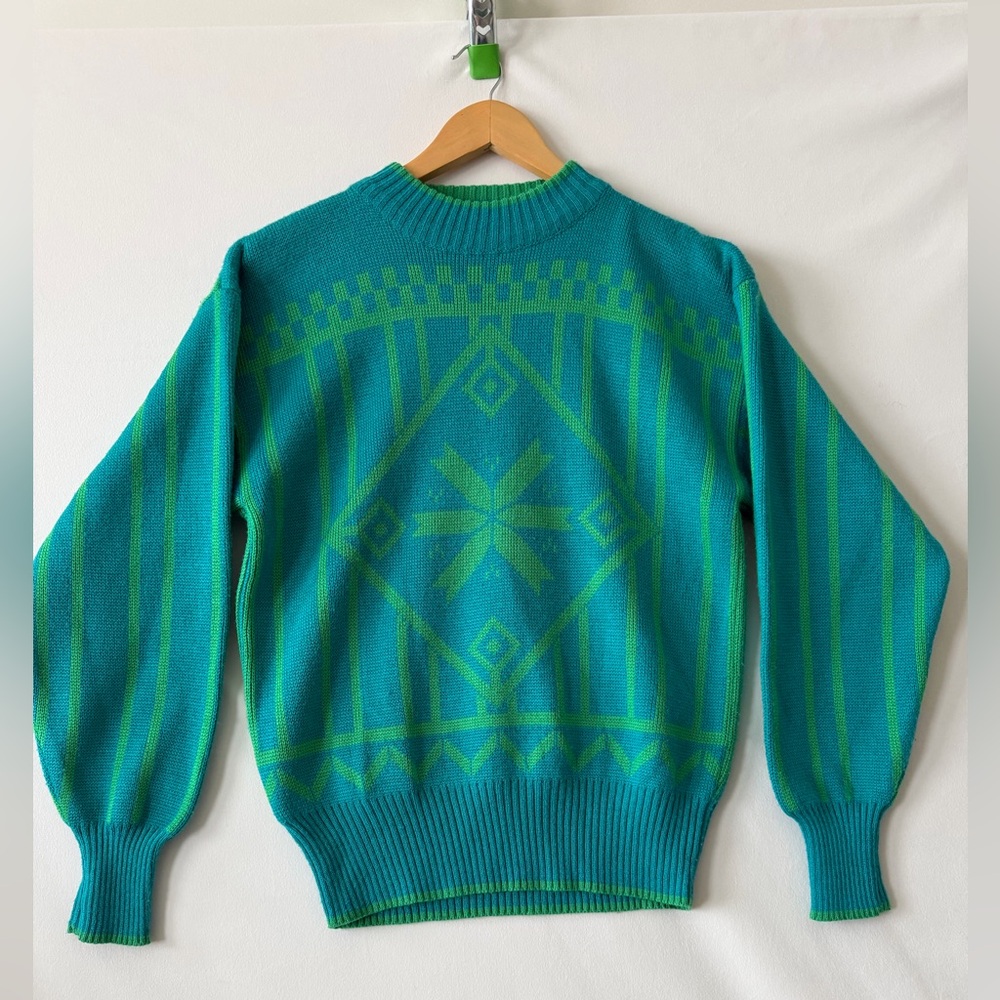 Slalom Vintage Ski Mock‎ Neck Sweater Blue & Green Apres Ski Size Medium